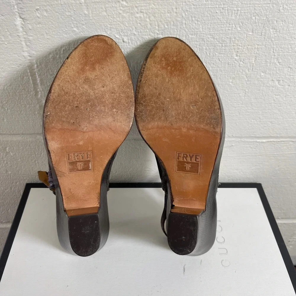 Frye Dark Brown Leather Platform Slingback Heels Sandals Women's Size 9.5B